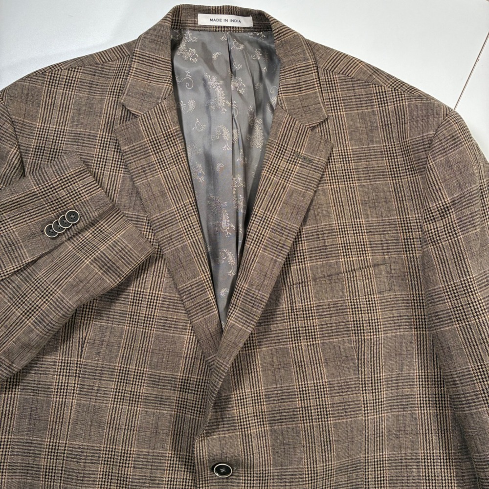 Joseph Abboud Linen Blend Blazer 48R Brown Glen Plaid Modern Sport Coat